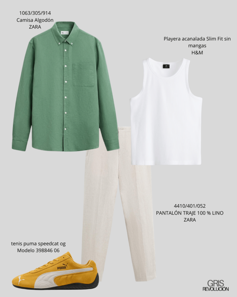 Outfit para hombre con una combinación de colores naturales y equilibrados. Incluye una camisa verde de algodón, pantalón de lino en tono arena, playera blanca sin mangas y tenis Puma en amarillo mostaza. Un look ideal para primavera que mezcla frescura y estilo casual sofisticado.
