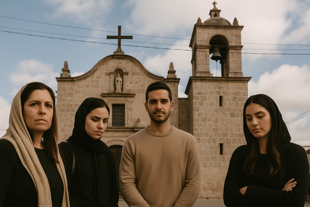 Cuatro personas de apariencia latina con estilos de vestir diversos posan frente a una iglesia colonial, representando la diversidad cultural y la influencia histórica del catolicismo en América Latina.